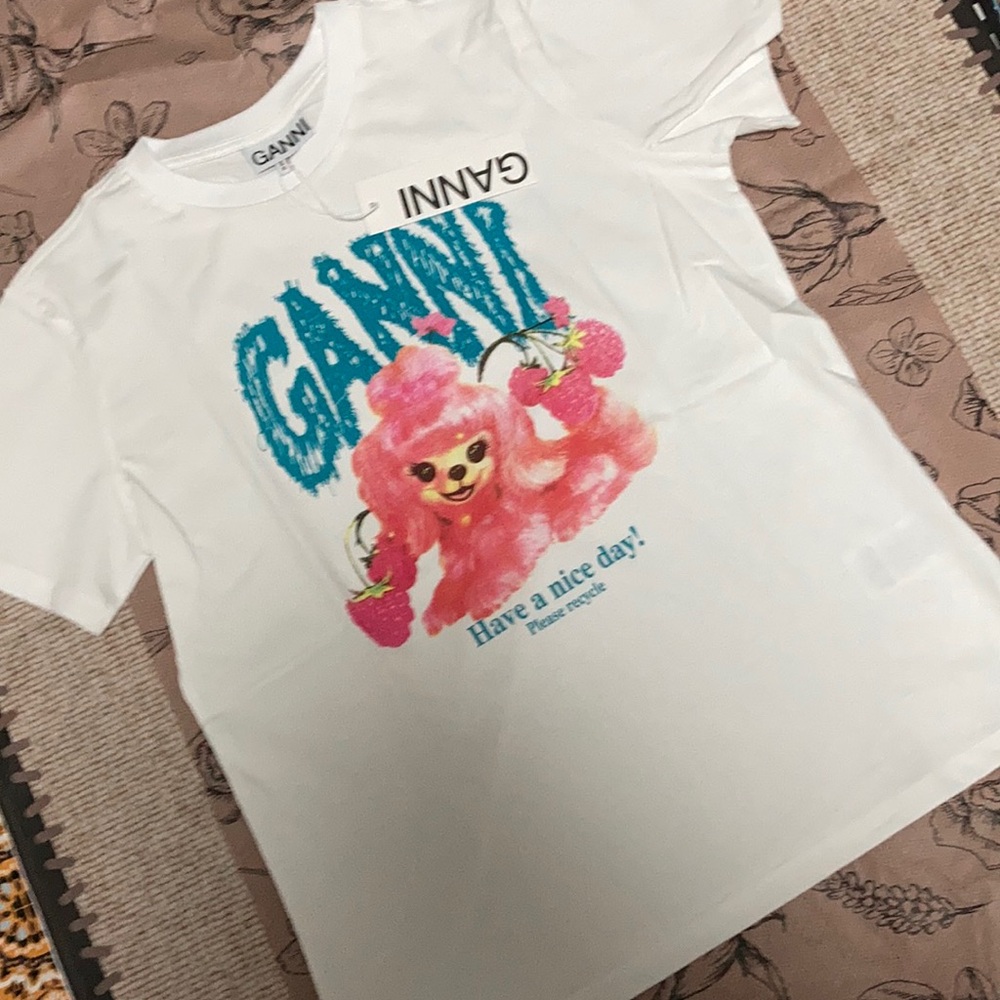 Ganni Coquette Pink Poodle Raspberry Graphic Tee White Designer Cotton T-shirt